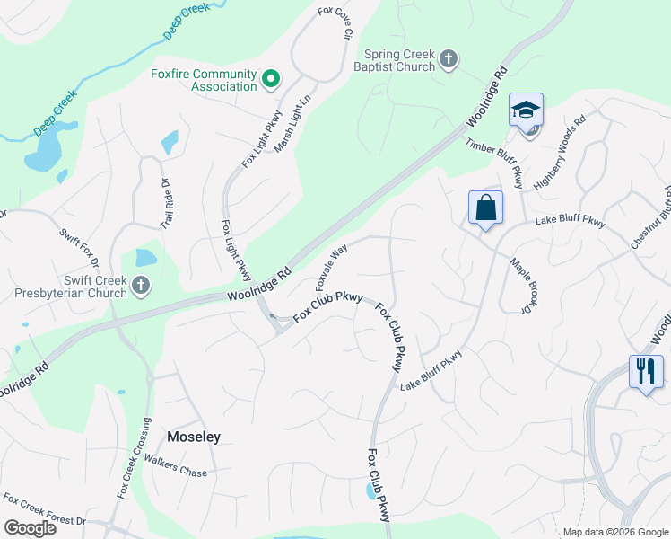 map of restaurants, bars, coffee shops, grocery stores, and more near 15449 Foxvale Way in Midlothian