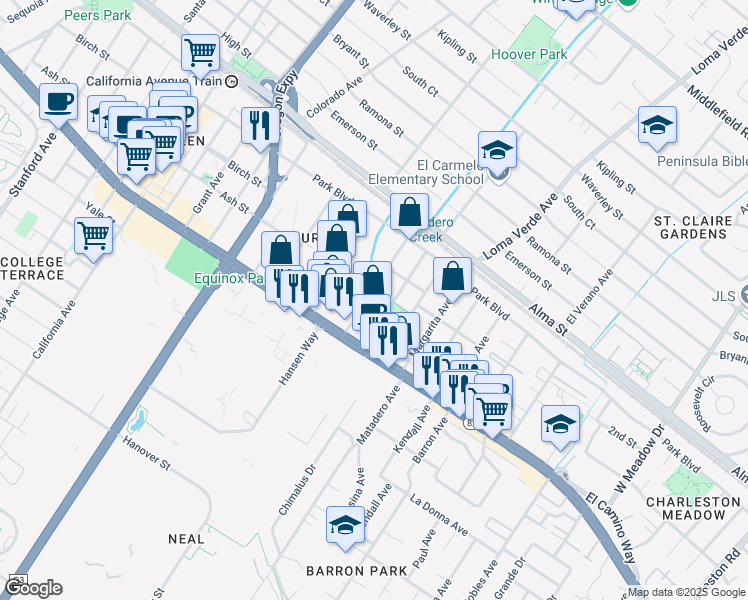 map of restaurants, bars, coffee shops, grocery stores, and more near 401 Lambert Avenue in Palo Alto