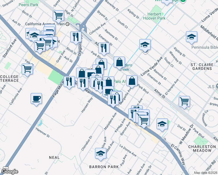 map of restaurants, bars, coffee shops, grocery stores, and more near 401 Lambert Avenue in Palo Alto