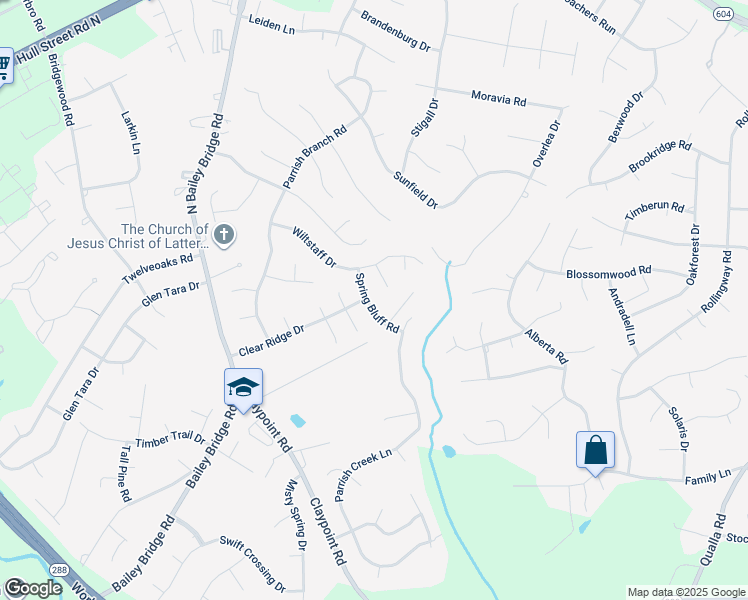 map of restaurants, bars, coffee shops, grocery stores, and more near 5101 Spring Bluff Road in Midlothian