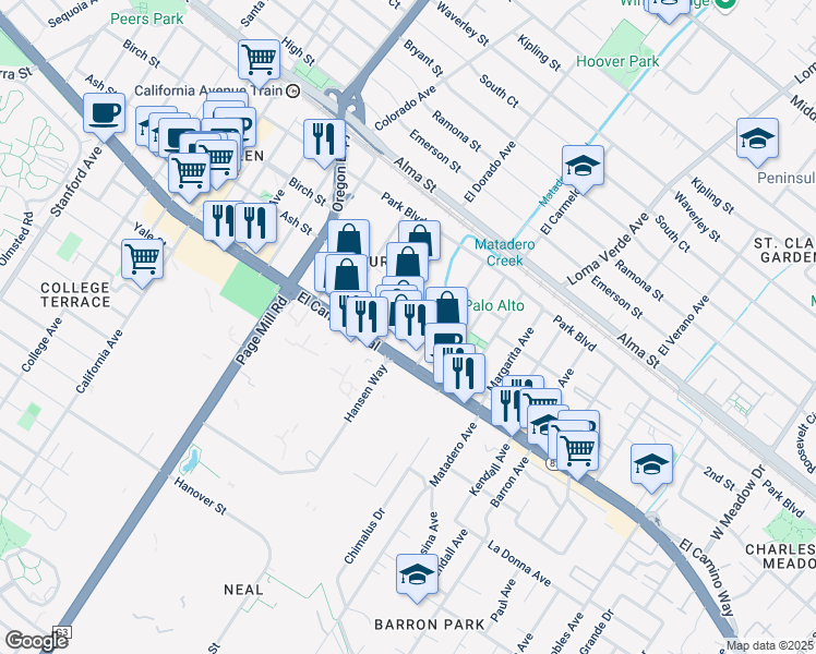 map of restaurants, bars, coffee shops, grocery stores, and more near 435 Portage Avenue in Palo Alto
