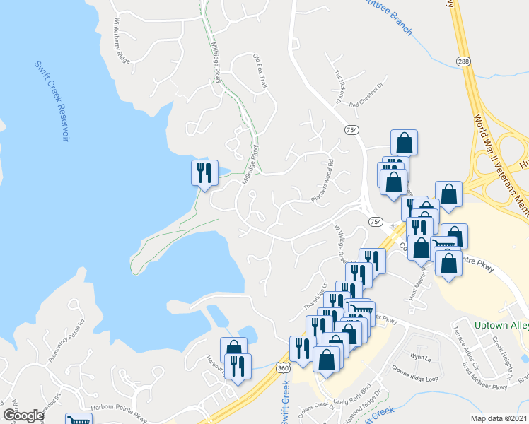 map of restaurants, bars, coffee shops, grocery stores, and more near 4709 5 Springs Court in Midlothian