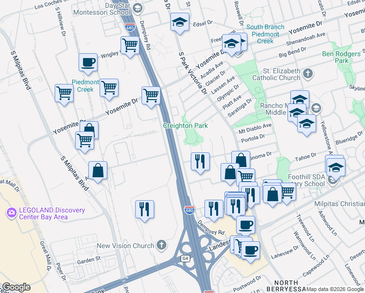 map of restaurants, bars, coffee shops, grocery stores, and more near 921 Big Bear Court in Milpitas
