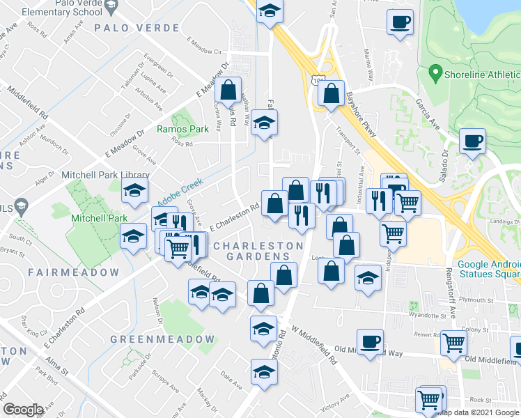 map of restaurants, bars, coffee shops, grocery stores, and more near 4000 Fabian Way in Palo Alto