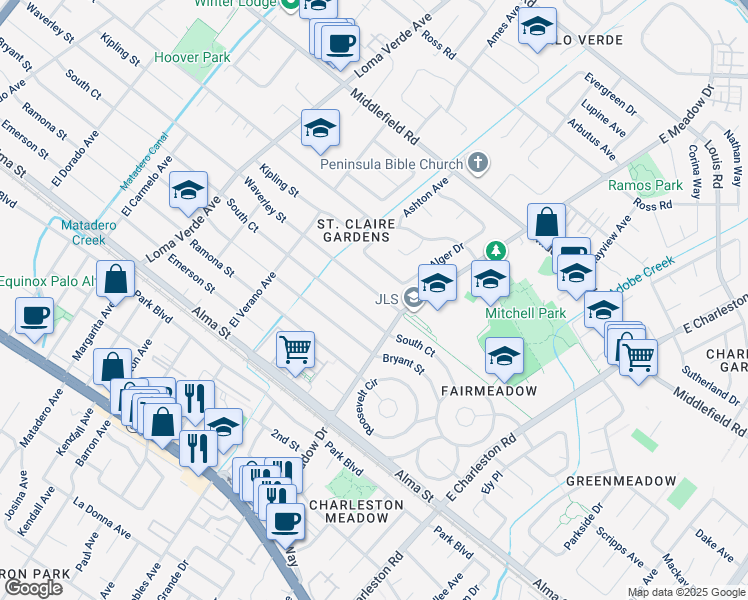 map of restaurants, bars, coffee shops, grocery stores, and more near 3473 Waverley Street in Palo Alto