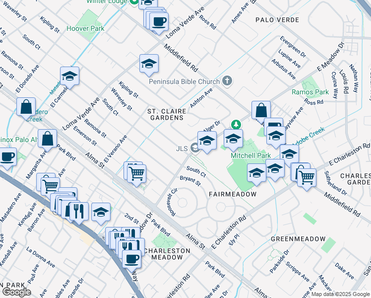 map of restaurants, bars, coffee shops, grocery stores, and more near 3511 Waverley Street in Palo Alto