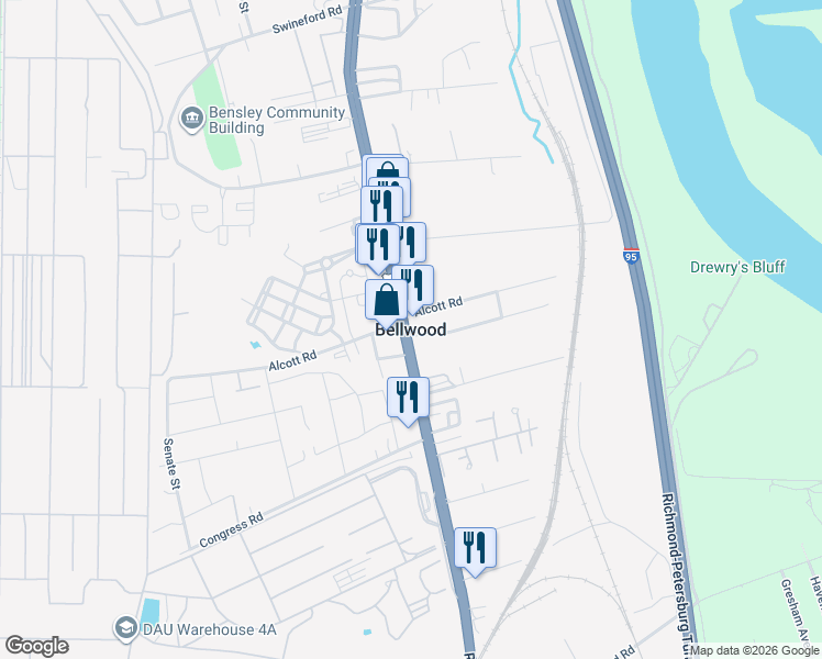 map of restaurants, bars, coffee shops, grocery stores, and more near in Bellwood