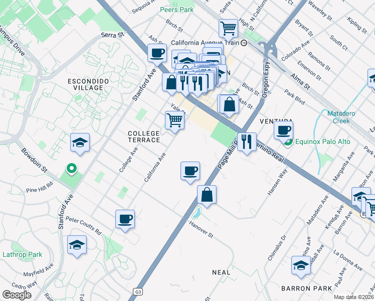 map of restaurants, bars, coffee shops, grocery stores, and more near 855 S California Ave in Palo Alto