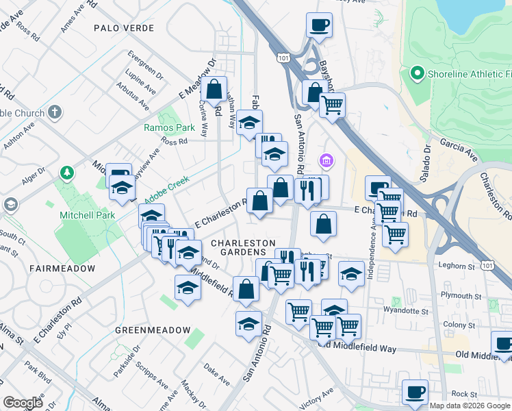 map of restaurants, bars, coffee shops, grocery stores, and more near 4000 Fabian Way in Palo Alto