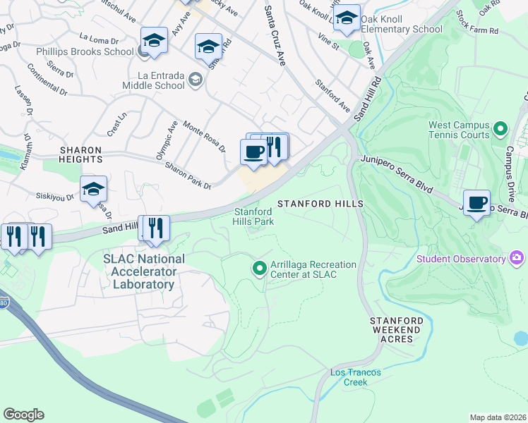 map of restaurants, bars, coffee shops, grocery stores, and more near 2398 Branner Drive in Menlo Park