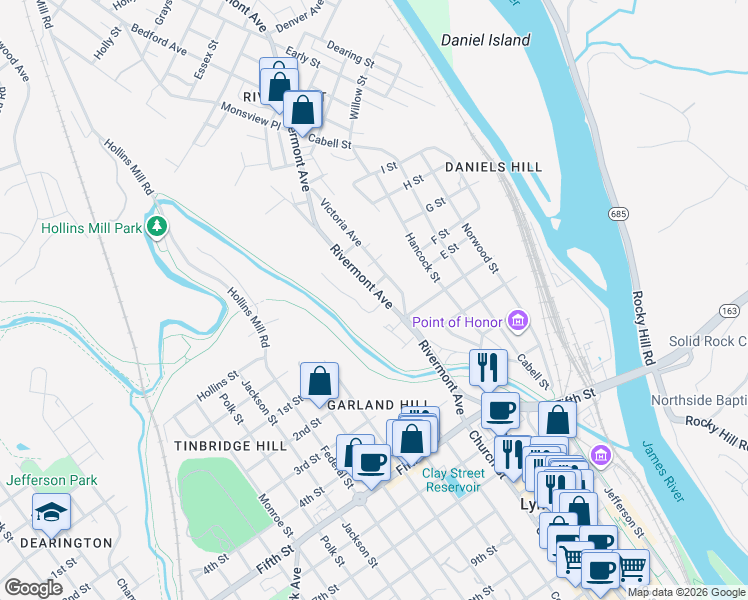 map of restaurants, bars, coffee shops, grocery stores, and more near 441 Rivermont Ave in Lynchburg
