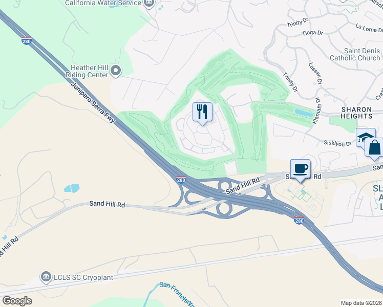 map of restaurants, bars, coffee shops, grocery stores, and more near 614 Sand Hill Circle in Menlo Park