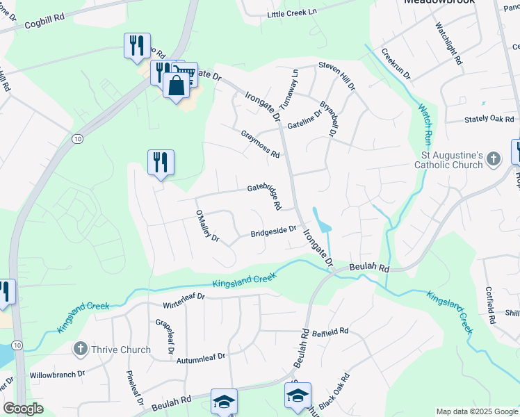 map of restaurants, bars, coffee shops, grocery stores, and more near 7019 Bridgeside Place in Richmond