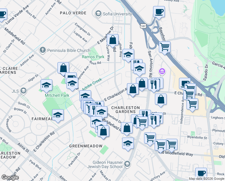 map of restaurants, bars, coffee shops, grocery stores, and more near 3998 Bibbits Drive in Palo Alto