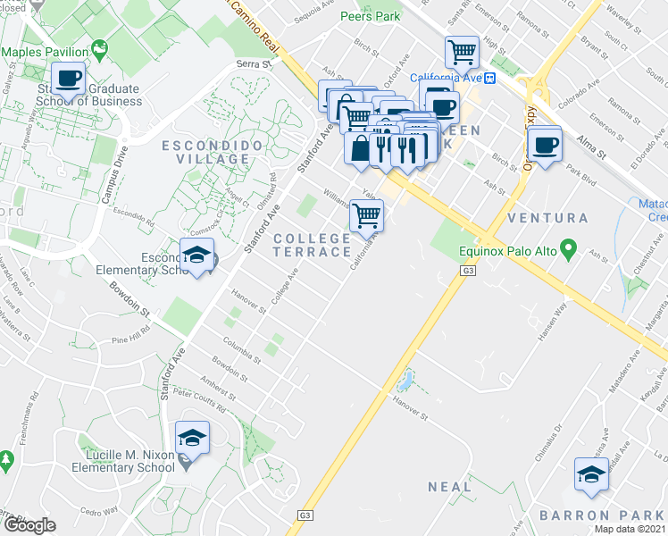 map of restaurants, bars, coffee shops, grocery stores, and more near 2311 Princeton Street in Palo Alto