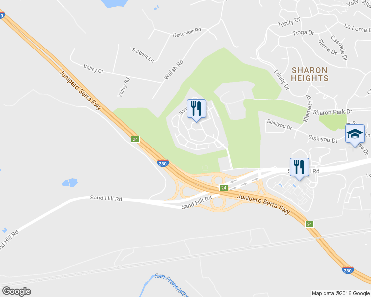 map of restaurants, bars, coffee shops, grocery stores, and more near 614 Sand Hill Circle in Menlo Park