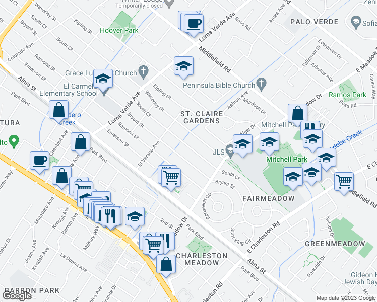 map of restaurants, bars, coffee shops, grocery stores, and more near 3408 South Court in Palo Alto