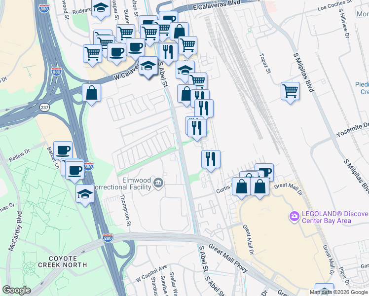 map of restaurants, bars, coffee shops, grocery stores, and more near 600 South Abel Street in Milpitas