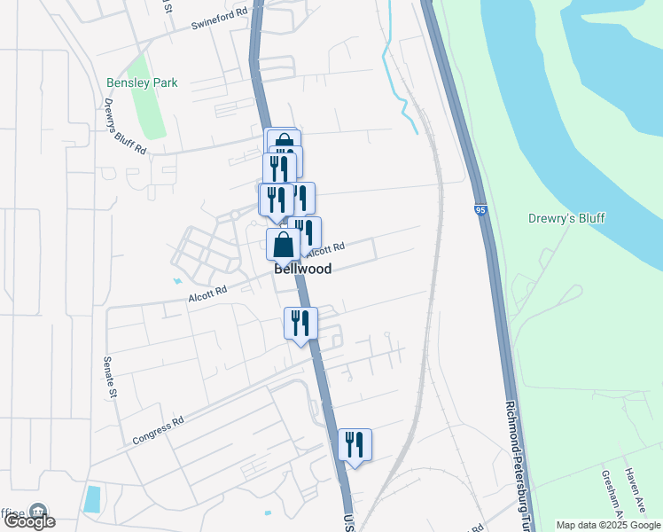 map of restaurants, bars, coffee shops, grocery stores, and more near 2530 Troycott Place in Richmond