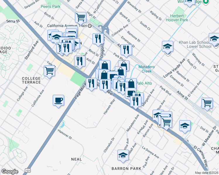 map of restaurants, bars, coffee shops, grocery stores, and more near 422 Acacia Avenue in Palo Alto