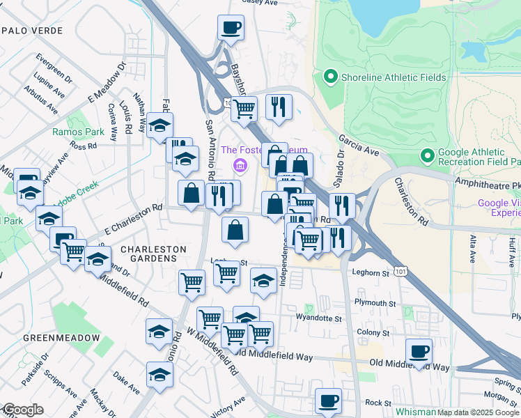 map of restaurants, bars, coffee shops, grocery stores, and more near 890 Industrial Avenue in Palo Alto