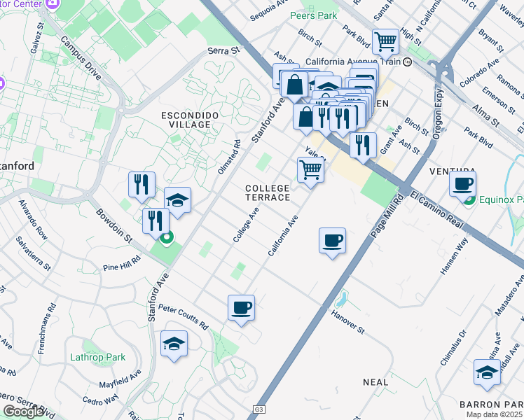map of restaurants, bars, coffee shops, grocery stores, and more near 1021 College Avenue in Palo Alto