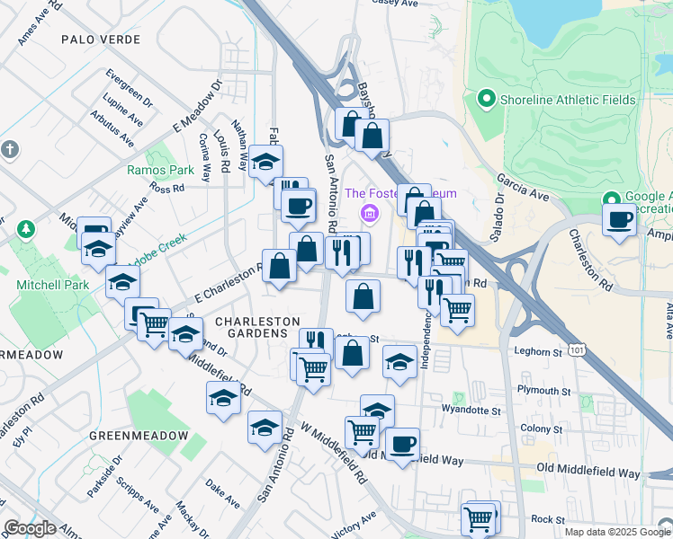 map of restaurants, bars, coffee shops, grocery stores, and more near 856 San Antonio Road in Palo Alto