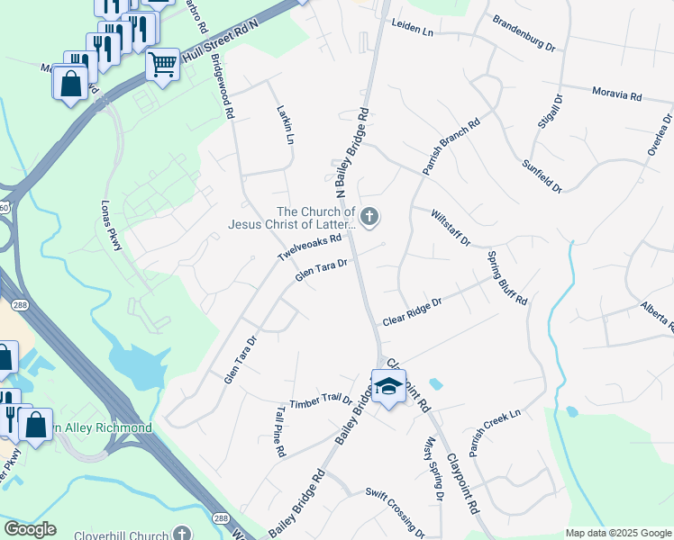 map of restaurants, bars, coffee shops, grocery stores, and more near 4519 Glen Tara Drive in Midlothian