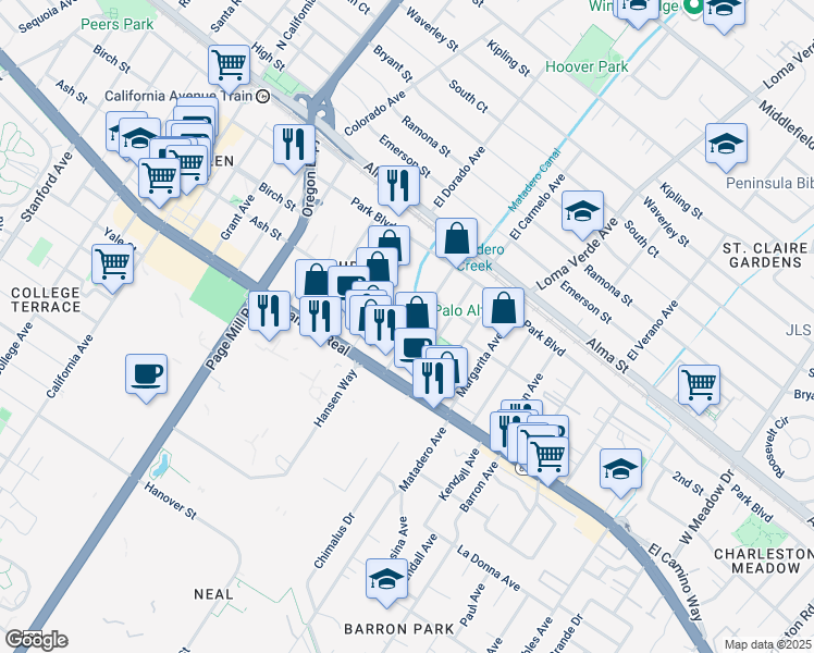 map of restaurants, bars, coffee shops, grocery stores, and more near 400 Lambert Avenue in Palo Alto
