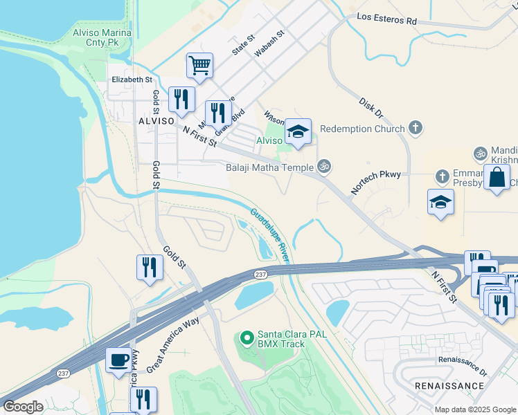 map of restaurants, bars, coffee shops, grocery stores, and more near Guadalupe River Trail in San Jose