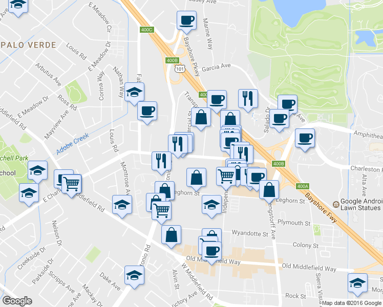 map of restaurants, bars, coffee shops, grocery stores, and more near 941 E Charleston Rd in Palo Alto