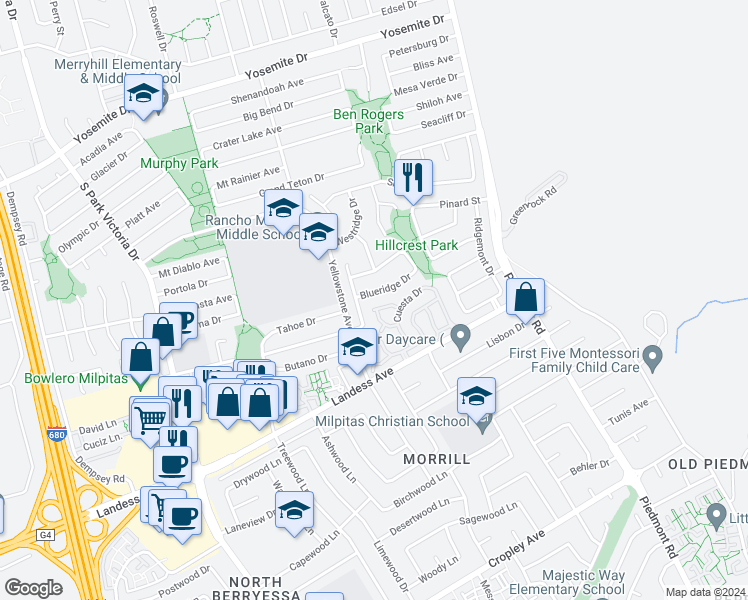 map of restaurants, bars, coffee shops, grocery stores, and more near 2068 Blueridge Drive in Milpitas