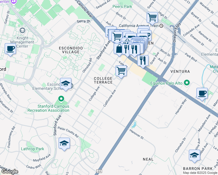 map of restaurants, bars, coffee shops, grocery stores, and more near 2311 Princeton St in Palo Alto