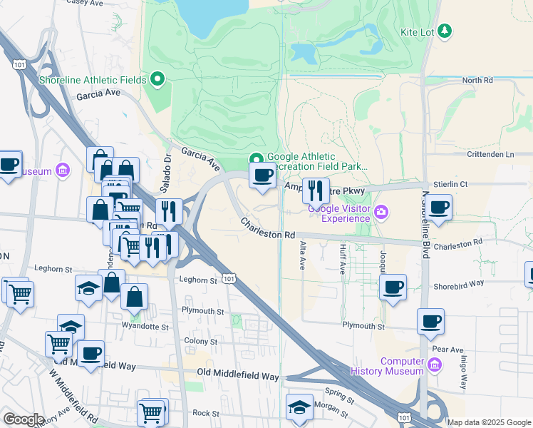 map of restaurants, bars, coffee shops, grocery stores, and more near 1950 Charleston Road in Mountain View