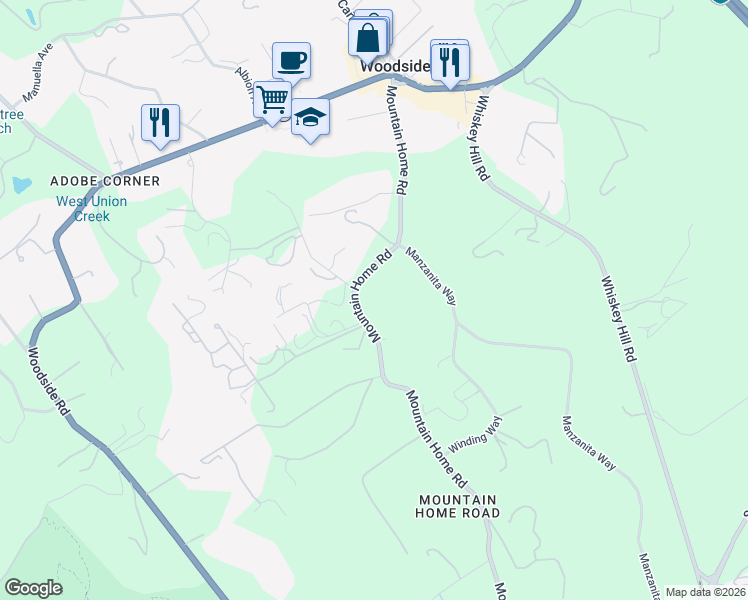 map of restaurants, bars, coffee shops, grocery stores, and more near 375 Mountain Home Road in Woodside
