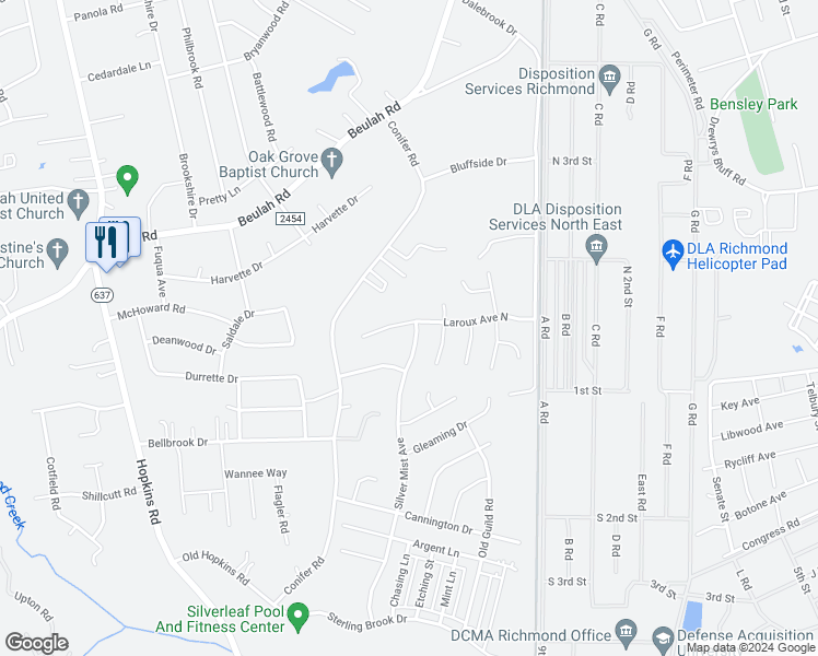 map of restaurants, bars, coffee shops, grocery stores, and more near 3713 Laroux Avenue North in Richmond