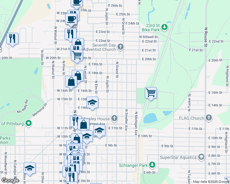 map of restaurants, bars, coffee shops, grocery stores, and more near 1511 North Grand Street in Pittsburg