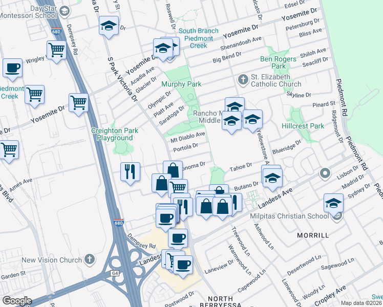 map of restaurants, bars, coffee shops, grocery stores, and more near 1503 Mount Shasta Avenue in Milpitas