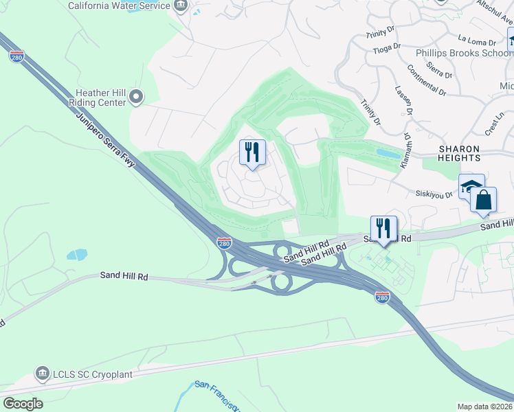 map of restaurants, bars, coffee shops, grocery stores, and more near 614 Sand Hill Circle in Menlo Park