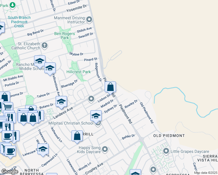 map of restaurants, bars, coffee shops, grocery stores, and more near Piedmont Rd & Landess Ave in Milpitas