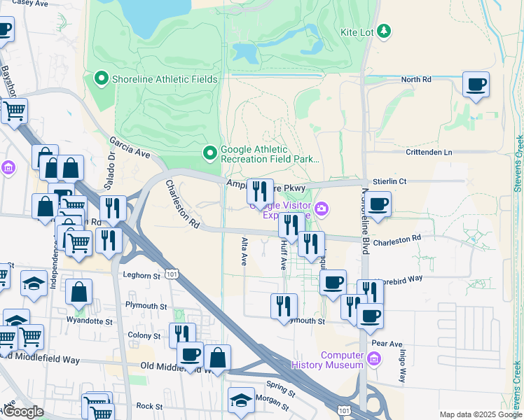 map of restaurants, bars, coffee shops, grocery stores, and more near 9911 Amphitheatre Parkway in Mountain View