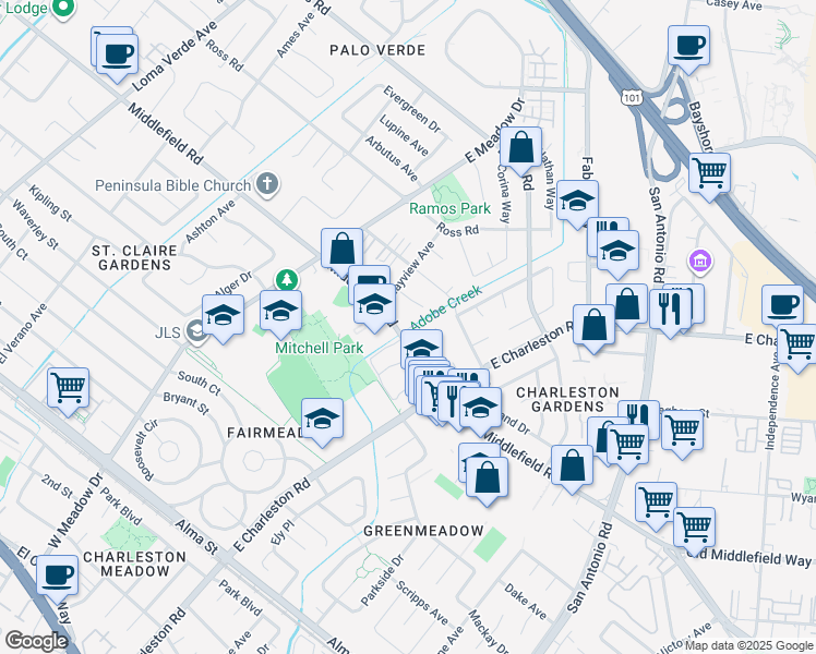 map of restaurants, bars, coffee shops, grocery stores, and more near 3800 Middlefield Road in Palo Alto