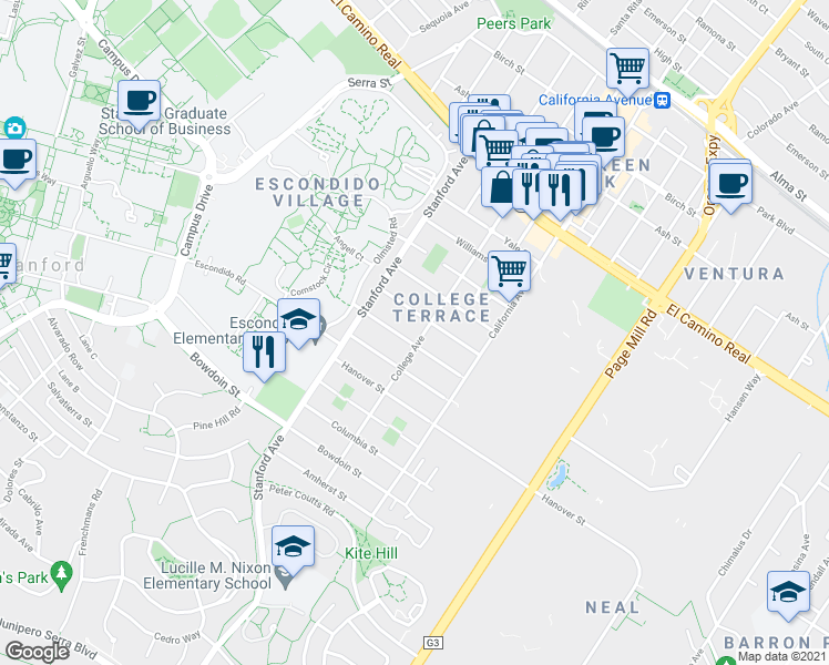 map of restaurants, bars, coffee shops, grocery stores, and more near 1021 College Avenue in Palo Alto