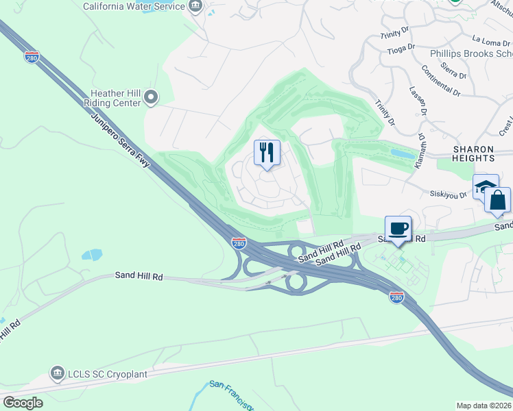 map of restaurants, bars, coffee shops, grocery stores, and more near 614 Sand Hill Circle in Menlo Park