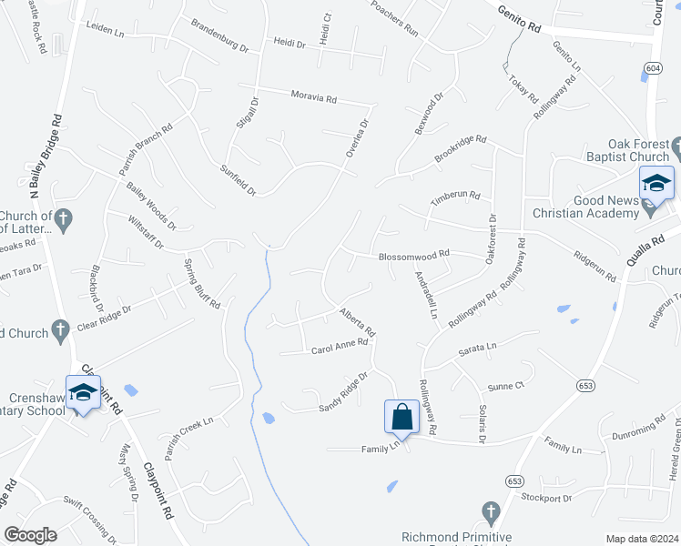 map of restaurants, bars, coffee shops, grocery stores, and more near 5108 Blossomwood Circle in Chesterfield