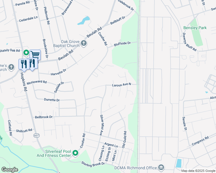 map of restaurants, bars, coffee shops, grocery stores, and more near 3713 Laroux Avenue North in Richmond