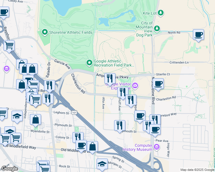 map of restaurants, bars, coffee shops, grocery stores, and more near 1600 Amphitheatre Parkway in Mountain View