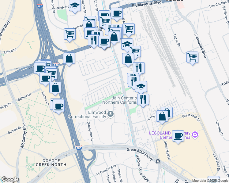 map of restaurants, bars, coffee shops, grocery stores, and more near 1014 Mente Linda Loop in Milpitas