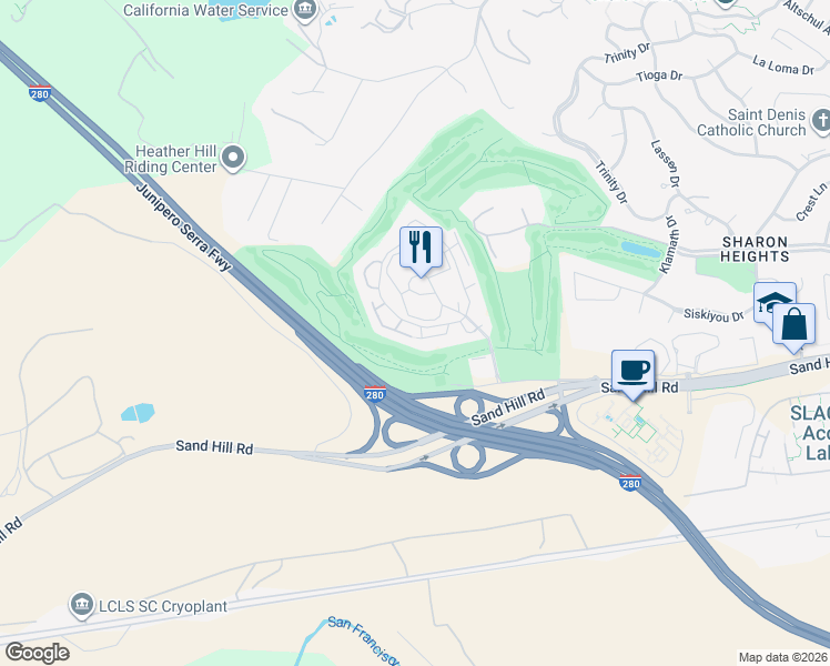 map of restaurants, bars, coffee shops, grocery stores, and more near 614 Sand Hill Circle in Menlo Park