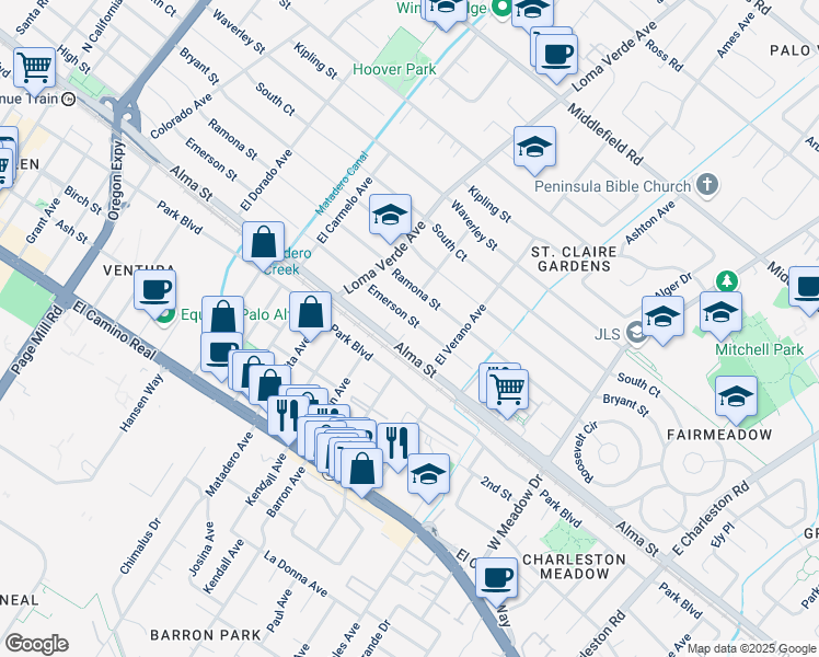 map of restaurants, bars, coffee shops, grocery stores, and more near 3216 Emerson Street in Palo Alto